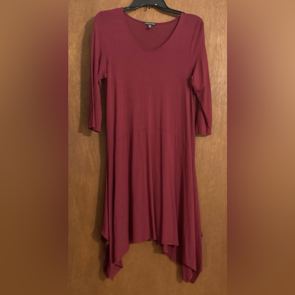 Eileen Fisher V-Neck Jersey Dress Medium Asymmetrical Burgundy Sharkbite Hem